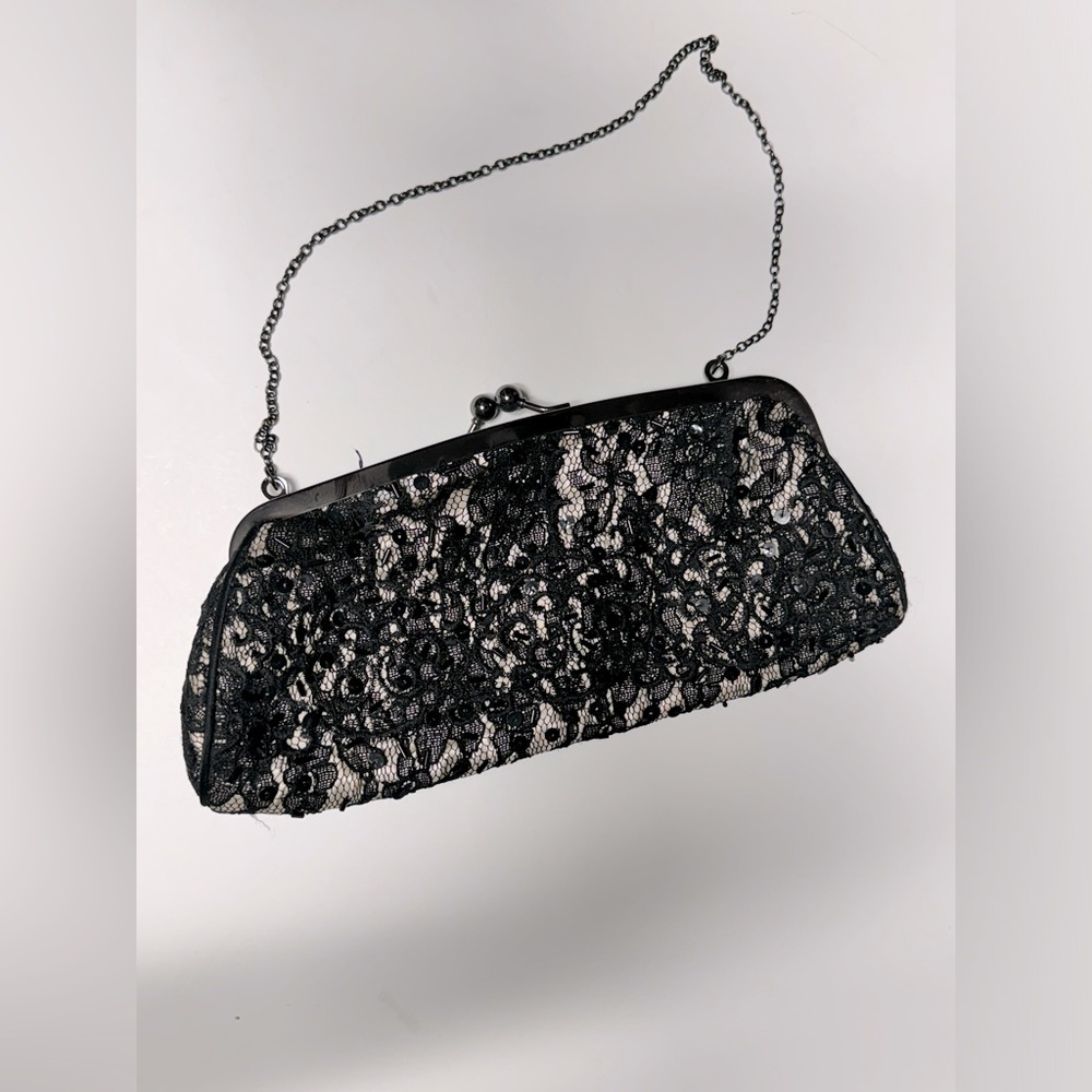 White House Black Market Vintage Look Clutch Lace Sequin Chain Kiss Lock